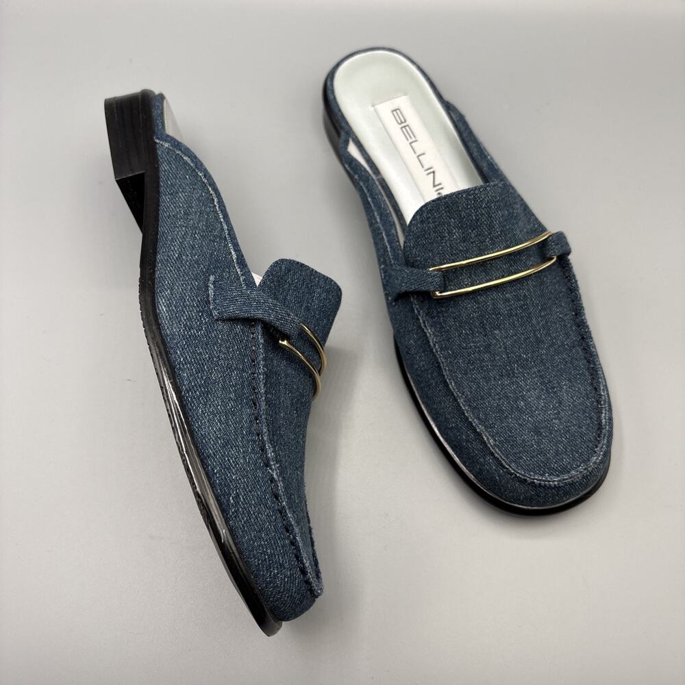 Bellini Mules Size 8 Blue Jean Denim Slip on Shoes Gold Accent Old Money Classic